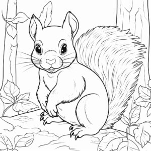 Coloring page for kids, featuring a Squirrel cartoon style, thick lines, low detail, no shading --v 5.2