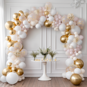 "Create an enchanting ambiance for your special occasion with our exquisite balloon garland decoration elements. Crafted with care, our frame arches are perfect for weddings, birthdays, and baby showers. The elegant combination of pastel white and gold banners forms a stunning backdrop, complemented by a captivating round empty space. Experience the magic of 3D design as you transform your celebration into a memorable and visually striking event." --v 5.2