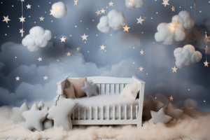 Empty newborn backdrop, no baby, Ultra realistic newborn backdrop, stars and clouds on it, cinematic lighting, ultra - wide shot, pastel --ar 3:2 --v 5.2