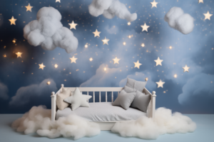 Empty newborn backdrop, no baby, Ultra realistic newborn backdrop, stars and clouds on it, cinematic lighting, ultra - wide shot, pastel --ar 3:2 --v 5.2