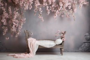 Empty newborn backdrop, no baby, a white lace baby blanket on a branch, and pink flowers hanging from it, in the style of vibrant stage backdrops, mysterious backdrops, webcam photography, baroque - inspired, bentwood, minolta srt - 101, gray and beige --ar 3:2 --v 5.2