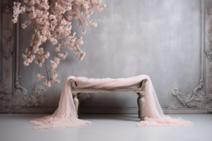 Empty newborn backdrop, no baby, a white lace baby blanket on a branch, and pink flowers hanging from it, in the style of vibrant stage backdrops, mysterious backdrops, webcam photography, baroque - inspired, bentwood, minolta srt - 101, gray and beige --ar 3:2 --v 5.2
