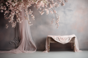 Empty newborn backdrop, no baby, a white lace baby blanket on a branch, and pink flowers hanging from it, in the style of vibrant stage backdrops, mysterious backdrops, webcam photography, baroque - inspired, bentwood, minolta srt - 101, gray and beige --ar 3:2 --v 5.2