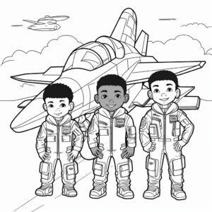 Kids coloring book, military scifi fighter squadron, cartoon, thick lines, black and white, white background --v 5.2