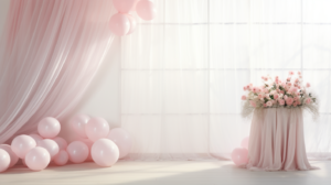 photorealistic babyshower backdrop, light pink accents, natural lighting, ultra wide shot, straight on --ar 16:9 --v 5.2