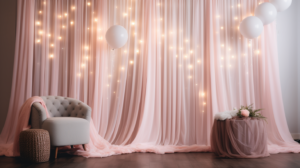 photorealistic babyshower backdrop, light pink accents, natural lighting, ultra wide shot, straight on --ar 16:9 --v 5.2