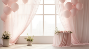 photorealistic babyshower backdrop, light pink accents, natural lighting, ultra wide shot, straight on --ar 16:9 --v 5.2