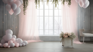 photorealistic babyshower backdrop, natural lighting, ultra wide shot, straight on --ar 16:9 --v 5.2