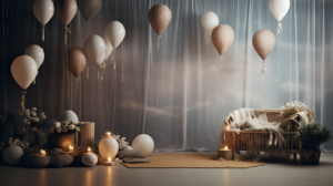 photorealistic babyshower backdrop, natural lighting, ultra wide shot, straight on --ar 16:9 --v 5.2