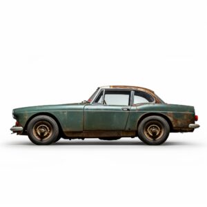 side on rusty british sports car dark green with blank white background