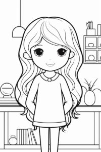 minimalist style. coloring page for kids, Easy to color, kawaii girl at home simplified details, thick lines , minimalism --no text --ar 6:9 --v 5.2