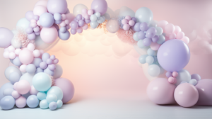 Adorable, Dreamy, Cheerful, Sweet balloon arch, digital backdrop, Inspired by Lily Roberts, Style of Motif: Baby Wonderland, Color Scheme: Soft purple Pastels, cinematic lighting, ultra-wide shot --ar 16:9 --style raw --stylize 50 --v 5.2