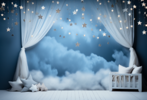 Baby décor Backdrop, in the style of dark sky-blue and light white, unreal engine 5, mandy disher, festive atmosphere, pastel hues, mark lovett, pictorial space, ultra wide shot, cinematographic, without person --ar 22:15 --style raw --stylize 50 --v 5.2