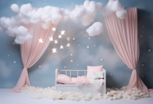 Enchanted Nursery Haven Backdrop: Whimsical, Delicate, Magical, Inspired by "Slumbering Starry Skies" Photograph, Style of Motif: Dreamy Wonderland, Color Scheme: Pastel Blue and Soft Pink, Other Decoration Ideas: Floating Clouds, Twinkling Lights, Polaroid Camera, ultra wide shot, cinematographic, without person --ar 22:15 --style raw --stylize 50 --v 5.2