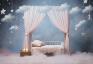 Enchanted Nursery Haven Backdrop: Whimsical, Delicate, Magical, Inspired by "Slumbering Starry Skies" Photograph, Style of Motif: Dreamy Wonderland, Color Scheme: Pastel Blue and Soft Pink, Other Decoration Ideas: Floating Clouds, Twinkling Lights, Polaroid Camera, ultra wide shot, cinematographic, without person --ar 22:15 --style raw --stylize 50 --v 5.2