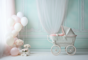 Pastel Pram Memories backdrop: Nostalgic, Charming, Tender, Inspired by "Vintage Stroller Dreams" Imagery, Motif: Baby's Journey in Pastel Stroller, Color Palette: Soft Pastels - Mint Green, Blush Pink, Baby Blue, Additional Elements: Antique Baby Toys, Delicate Lace Accents, Morning Sunlight, Capturing Timeless Baby Moments in a Vintage Stroller Setting --ar 22:15 --style raw --stylize 50 --v 5.2