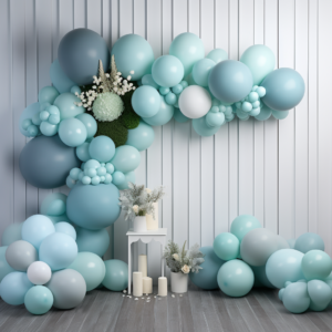 balloon backdrops for baby showers, in the style of vibrant spectrum colors, high resolution a balloon backdrop with farm and balloons, in the style of pastel colours, light gray and sky-blue, sharp & vivid colors, cottagecore, light teal and blue, dusty piles, bold colours --v 5.2