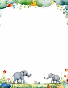 bottom only, bottom of image, elephants along the bottom edge of the image, an illustrated image edge border made from happy elephants playing with Legos, illustrated border of happy elephants playing with Legos, border around the edge of the image, watercolors, watercolor painting, border, outside edge, blank center, white center, empty center, the center of the image is blank, the center of the image is empty --ar 170:220 --v 5.2