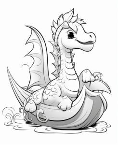 2 D, cute dinasaur riding a swan, black and white, white background, no shading, coloring book --ar 9:11 --v 5.2
