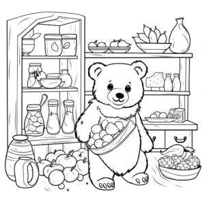 Clipart, big kitchen with food fruit for teddy bear, coloring book for kids, double bold line,black and white, white background --v 5.2