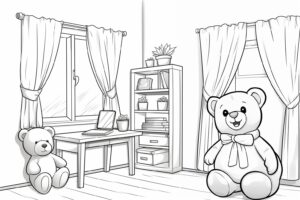 Coloring page for children, coloring book style, a linear icon representing 2 teddy bears study in desk with book by the bedroom with window, perspective view, on a white background, flaticon and dribble vector illustration, behance hd, made in figma, adobe xd, sketch, ux, ui , ux/ui , sharp and pixelated - perfect design, black and white, white background, minimalism, flat color outline icon style, simplistic design , no shadow --v 5.2