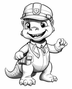 a coloring page of cute dinasaur dressed as a policeman for kids , cartoon style , minimalist drawing , thick outlines , no grey areas , no shadows , white background , no fills ,low details, --ar 9:11 --v 5.2