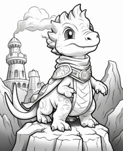 a cute dinasaur standing atop a pinnacle gazing at an ancient citadel baked into the stone of the mountains, wind blowing robes, black and white, white background, coloring page for kids --ar 9:11 --v 5.2