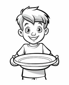 a plate of dish, cartoon style , minimalist drawing , thick outlines , no grey areas , no shadows , white background , no fills ,low details, black and white, coloring book for kid, --ar 9:11 --v 5.2
