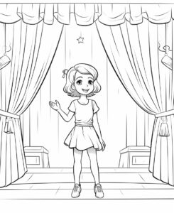 actress in the stage, cartoon style , minimalist drawing , thick outlines , no grey areas , no shadows , white background , no fills ,low details, black and white, coloring book for kid, --ar 9:11 --v 5.2