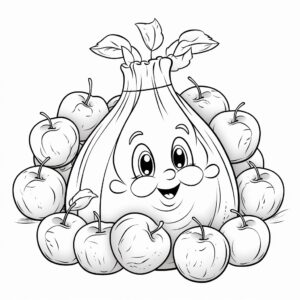 cartoon cute , a bag of apples on the hand, black and white, white background, coloring book for kids--ar 9:11 --v 5.2
