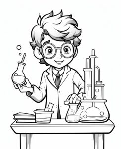 chemistist, cartoon style , minimalist drawing , thick outlines , no grey areas , no shadows , white background , no fills ,low details, black and white, coloring book for kid, --ar 9:11 --v 5.2