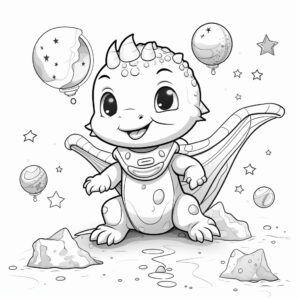 chipart, cute diansaur flying over the solar system, black and white, white background, no shading, coloring book, ar-9:11 --v 5.2