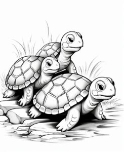 clipart, 6 turtles, row by row, coloring book for kids, black and white, white background, --ar 9:11 --v 5.2