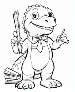 clipart, a ruler on cute teacher dinosaur's hand, black and white, white background, thick line, low detail, no shading , coloring book, --ar 9:11 --v 5.2
