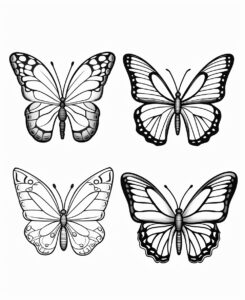 clipart, cute 6 Butterfly, row by row, coloring book for kids, black and white, white background, --ar 9:11 --v 5.2