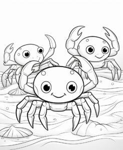 clipart, cute 6 Crabs, row by row, coloring book for kids, black and white, white background, --ar 9:11 --v 5.2