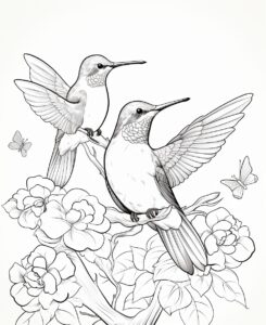 clipart, cute 6 Hummingbirds, row by row, coloring book for kids, black and white, white background, --ar 9:11 --v 5.2