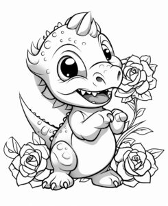 clipart, cute dinasaur eating flower, black and white, white background, no shading, coloring book --ar 9:11 --v 5.2