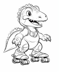 clipart, cute dinasaur family on roller skating , black and white, white background, no shading, coloring book --ar 9:11 --v 5.2