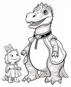 clipart, cute sky-high ruler in front of cute dinosaur with dress, black and white, white background, thick line, low detail, no shading , coloring book, --ar 9:11 --v 5.2