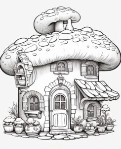 clipart, no shadow, bakery store is cute Mushroom House, no shadow, coloring book for kids, black and white, white background, --ar 9:11 --v 5.2