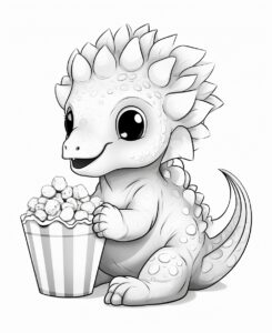cute dinasaur eat popcorn, black and white, white background, no shading, coloring book --ar 9:11 --v 5.2