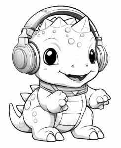 cute dinasaur listen walkman, black and white, white background, no shading, coloring book --ar 9:11 --v 5.2