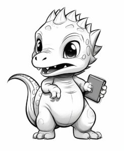 cute dinasaur use cellphone, black and white, white background, no shading, coloring book --ar 9:11 --v 5.2