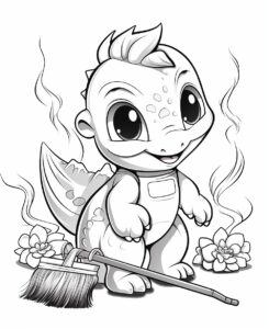 cute disasaur vaccuming a room with a stick , white background, black and white, coloring page for kids --ar 9:11 --v 5.2