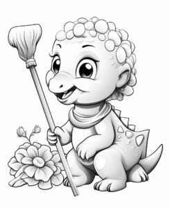 cute disasaur vaccuming a room with a stick , white background, black and white, coloring page for kids --ar 9:11 --v 5.2