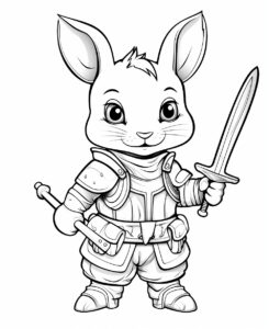 cute rabbit in a suit of armor holding sword in teeth,coloring page for kids, cartoon style, thick line, low detail, no shading --ar 9:11 --v 5.2