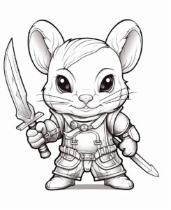 cute rabbit in a suit of armor holding sword in teeth,coloring page for kids, cartoon style, thick line, low detail, no shading --ar 9:11 --v 5.2