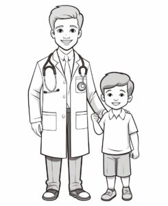 doctor with patient, cartoon style , minimalist drawing , thick outlines , no grey areas , no shadows , white background , no fills ,low details, black and white, coloring book for kid, --ar 9:11 --v 5.2