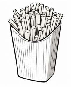 french fries in a paper bag, cartoon style , minimalist drawing , thick outlines , no grey areas , no shadows , white background , no fills ,low details, black and white, coloring book for kid, --ar 9:11 --v 5.2